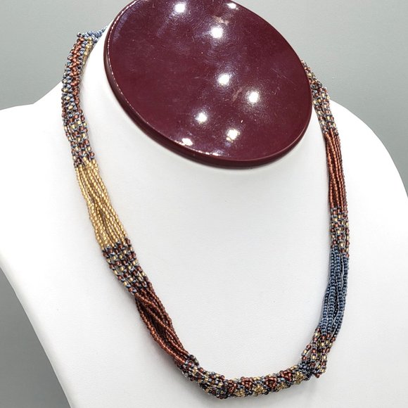 Handcrafted Multi Strand Seed Bead Boho Necklace Brown Gold 16 in Button Close - Picture 4 of 9